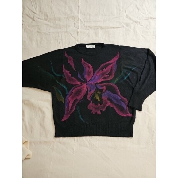 Vintage Designer Originals Black Dolman Sweater Purple Iris Floral Size M 36 - Picture 1 of 5
